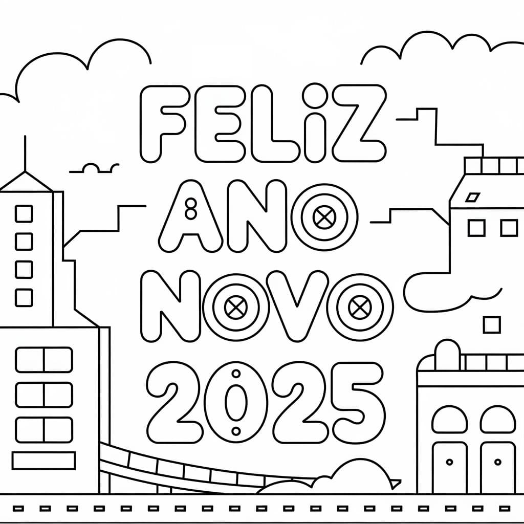 Desenho de Feliz Ano Novo 2025 Imprimivel para Colorir