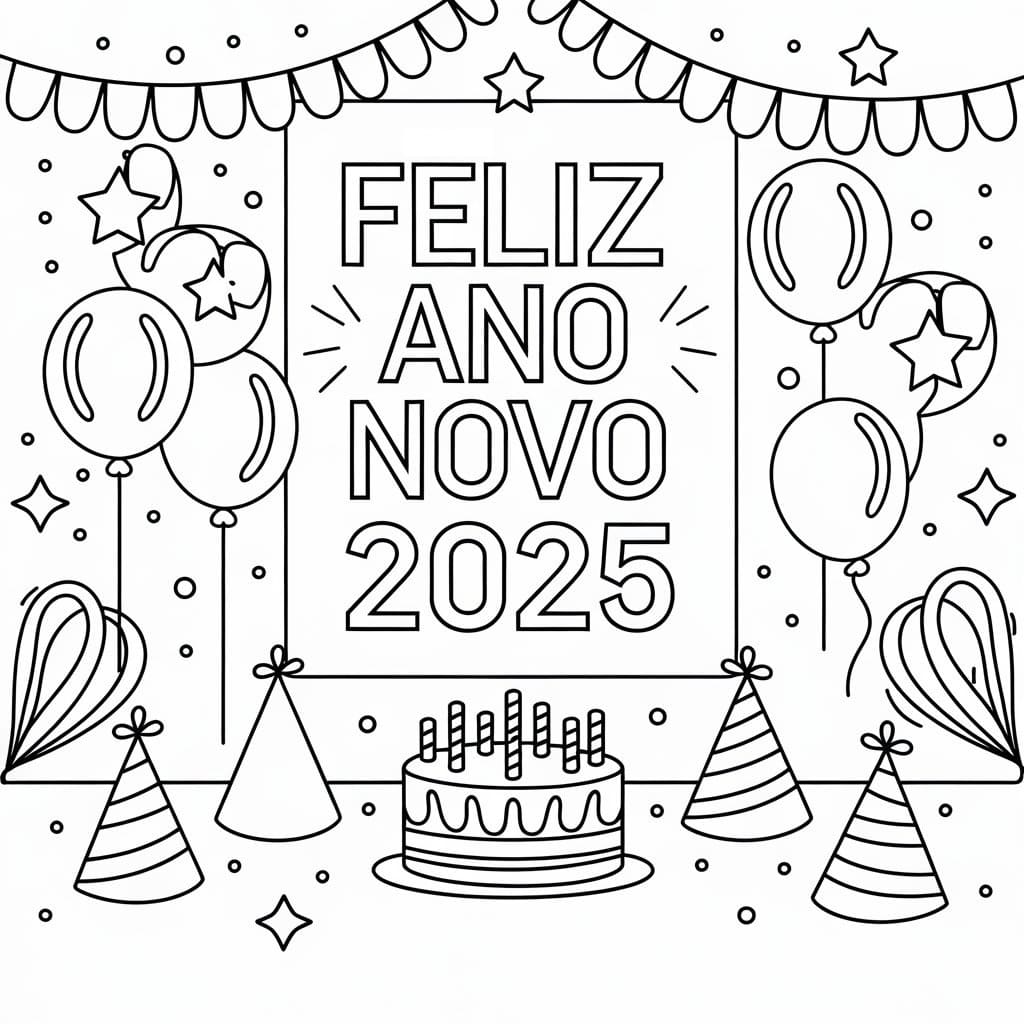 Desenho de Feliz Ano Novo 2025 para Crianças de 6 Ano para Colorir