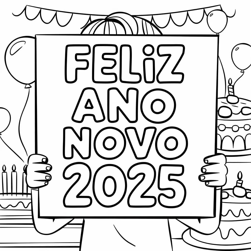 Desenho de Feliz Ano Novo 2025 para Crianças para Colorir