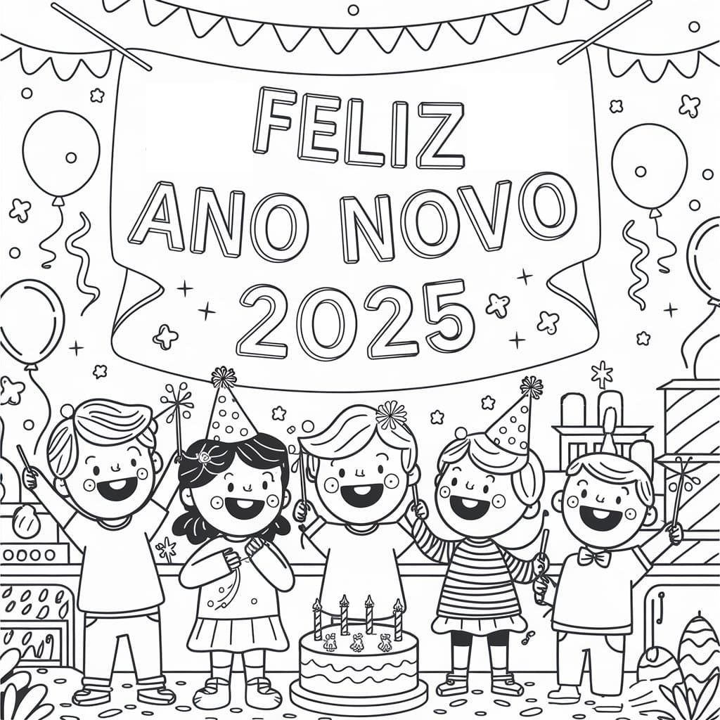 Desenho de Pintura de Feliz Ano Novo 2025 para Colorir
