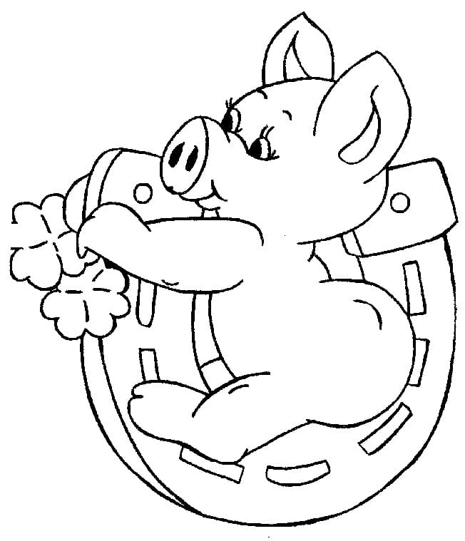 Desenho de um Porco com Ferradura para Colorir