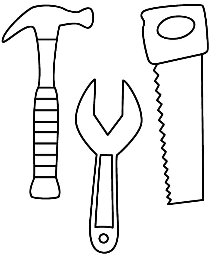 Desenho de Ferramentas Martelo Chave Inglesa e Cerrote para Colorir