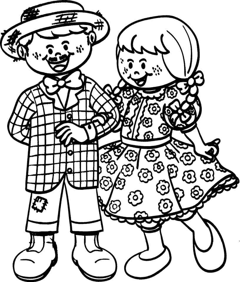 Desenho Casal Caipira com Trajes Juninos para Colorir e Imprimir