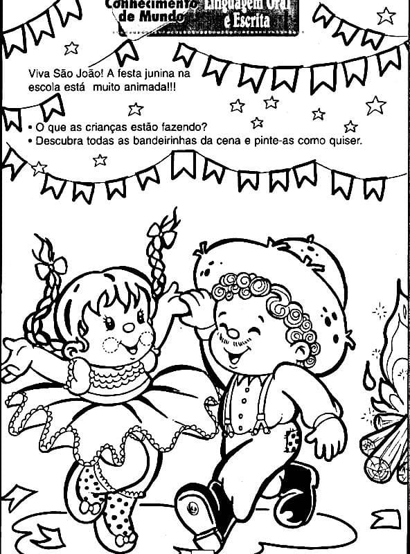 Desenho Casal Caipira dançando na Festa Junina para Colorir e Imprimir