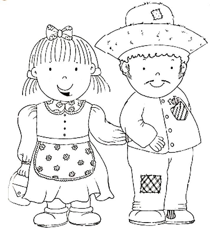 Desenho Casal Caipira Infantil de mãos Dadas para Colorir e Imprimir