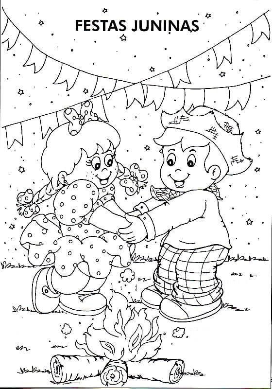 Desenho Casal com Fogueira de Festa Junina para Colorir e Imprimir