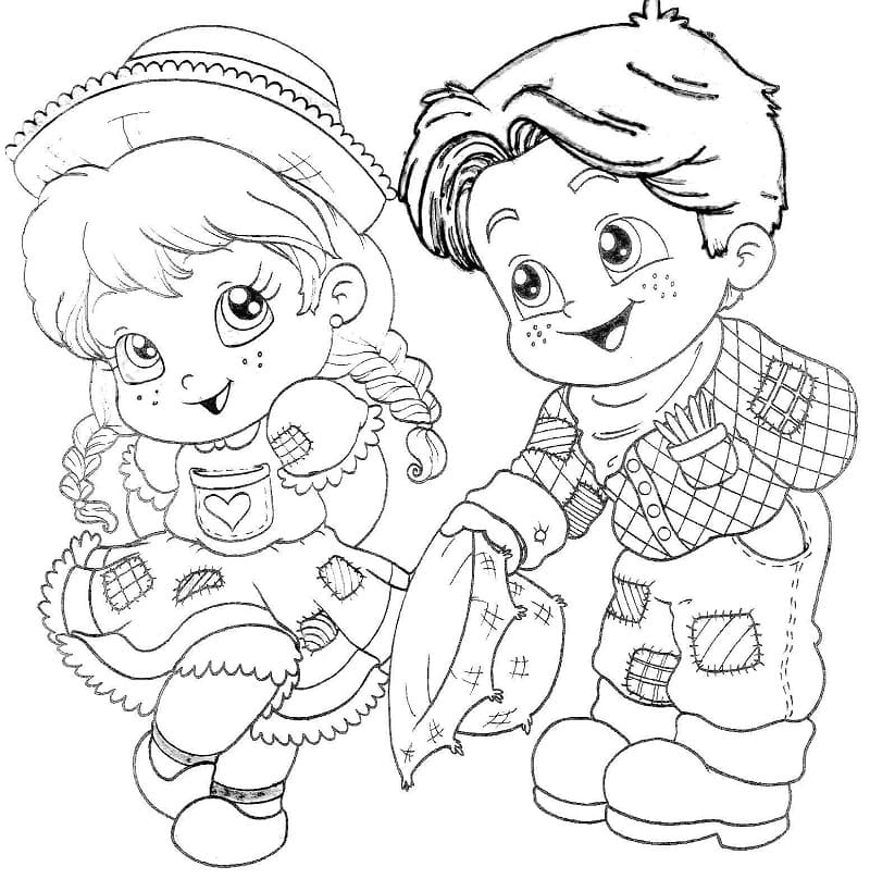 Desenho Casal Infantil com Trajes de Festa Junina para Colorir e Imprimir