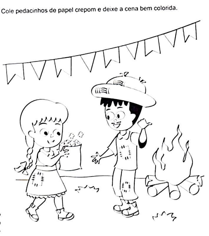Desenho crianças Perto da Fogueira Junina para Colorir e Imprimir