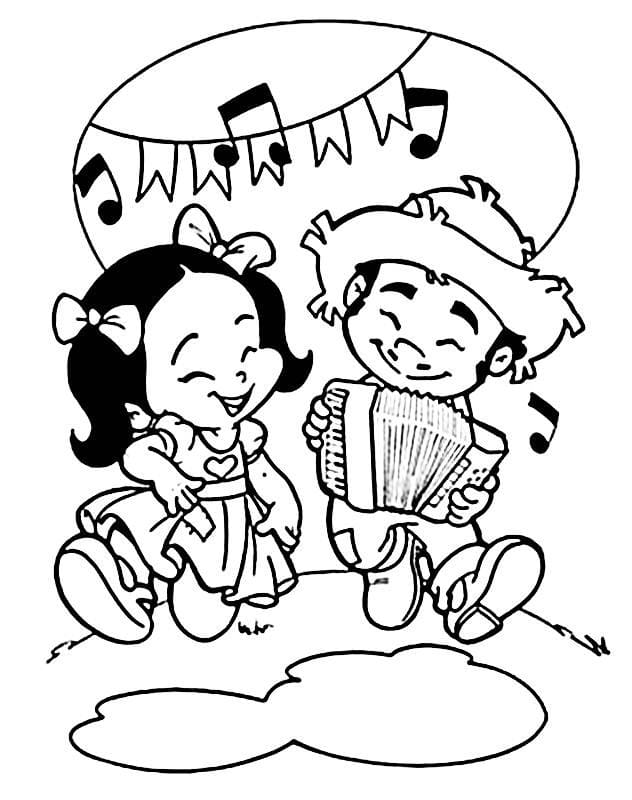 Desenho crianças Tocando Sanfona na Festa Junina para Colorir e Imprimir