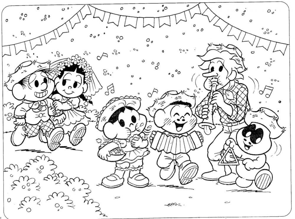 Desenho da Turma da Mônica Comemorando a Festa Junina para Colorir