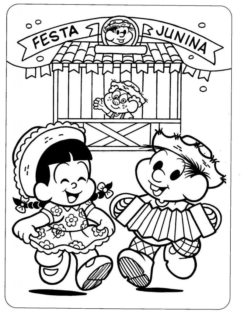 Desenho de Chico Bento e Rosinha em Festa Junina para Colorir