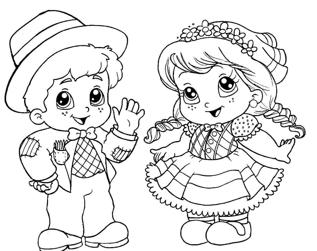 Desenho de crianças na Festa Junina para Colorir