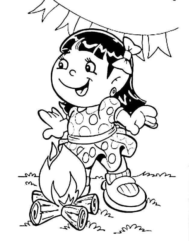 Desenho Menina Caipira Perto de Uma Fogueira na Festa Junina para Colorir e Imprimir