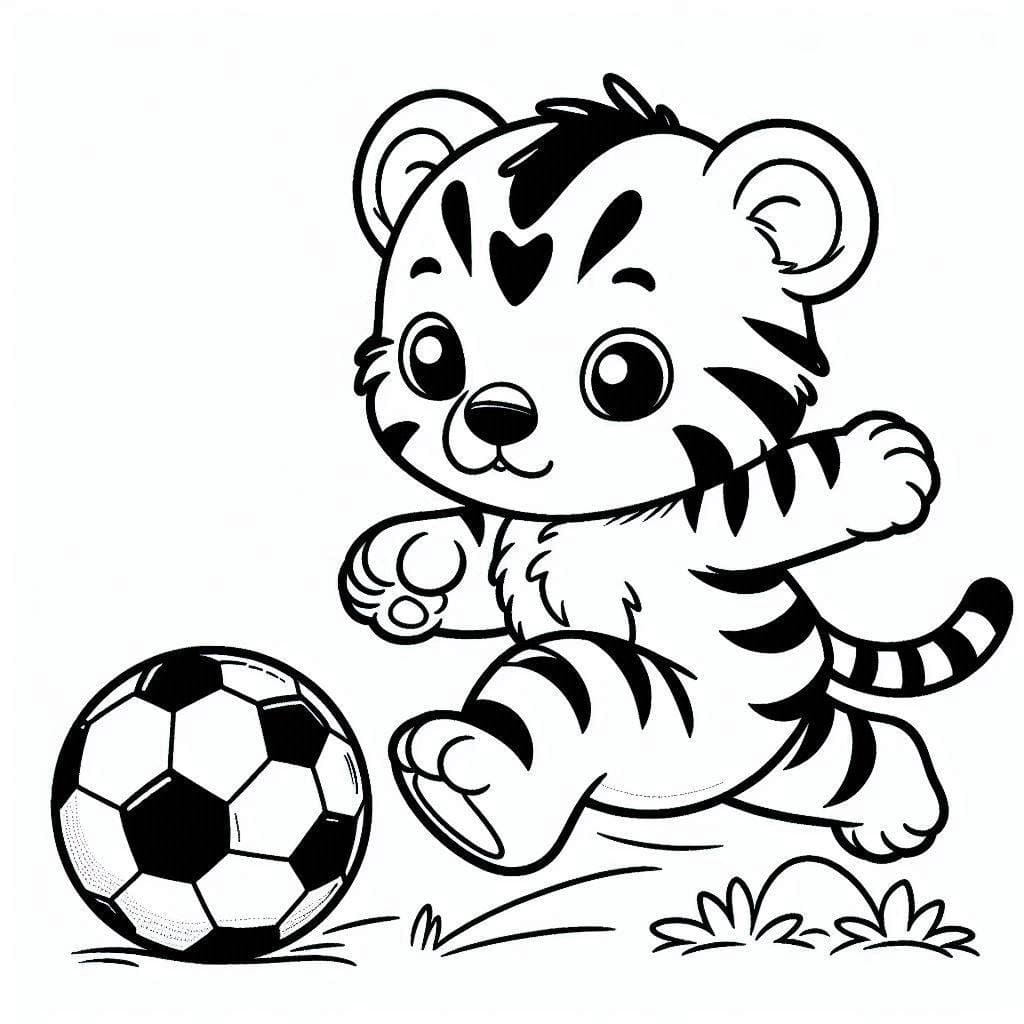 Desenho de Filhote de Tigre Jogá Futebol para Colorir