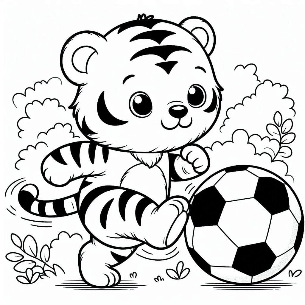 Desenho de um Filhote de Tigre Jogá Futebol para Colorir