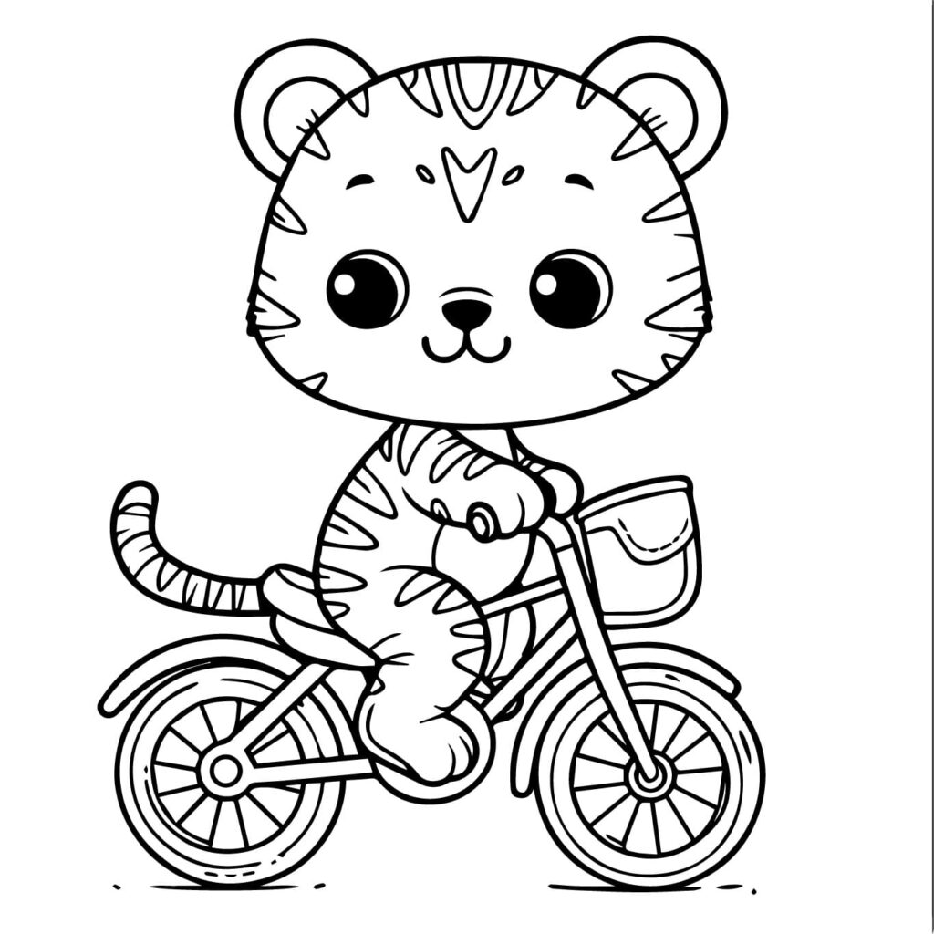 Desenho de um Filhote de Tigre em uma Bicicleta para Colorir