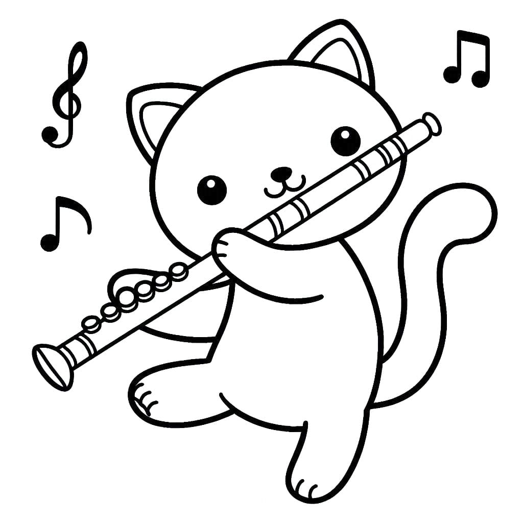 Desenho de Gato Tocá Flauta para Colorir