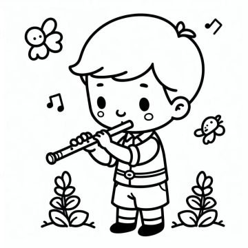 Desenho de Um Menino Toca Flauta para Colorir