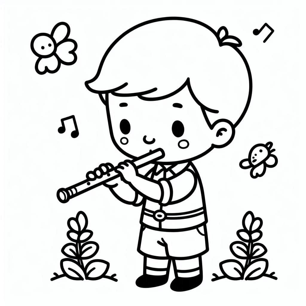 Desenho de um Menino Tocá Flauta para Colorir