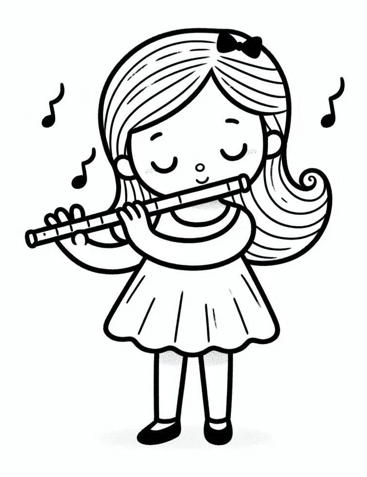 Desenho de uma Menina Tocá Flauta para Colorir