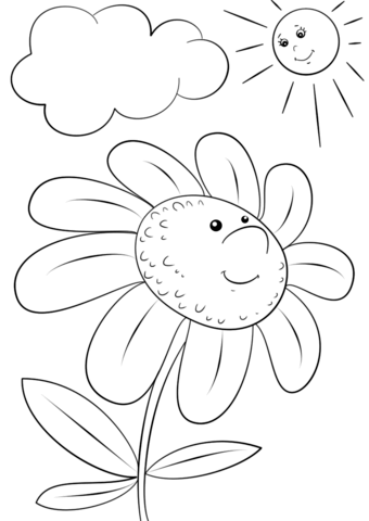 Desenho de Linda Flor de Margarida em Jardim Pegando Sol para Colorir