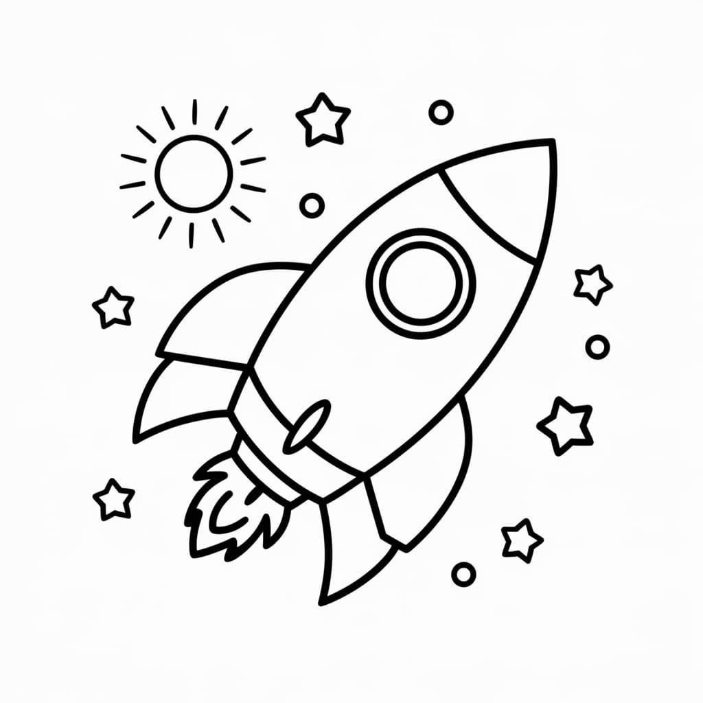 Desenho de Foguete com Estrelá e Sol para Colorir