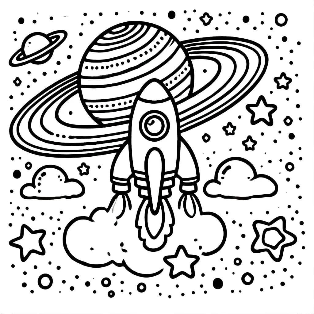 Desenho de Foguete e Saturno para Colorir
