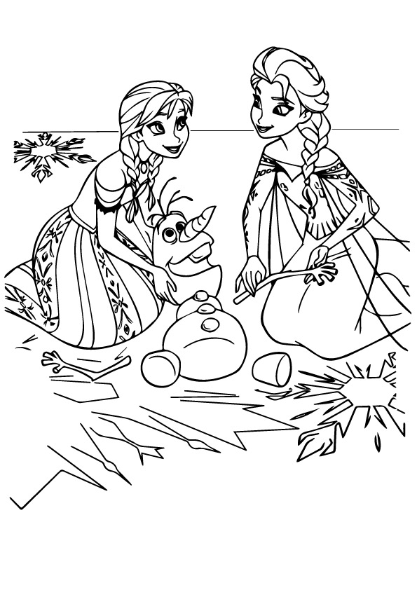 Desenho de Anna e Elsa Brincando com Olaf no Gelo para Colorir