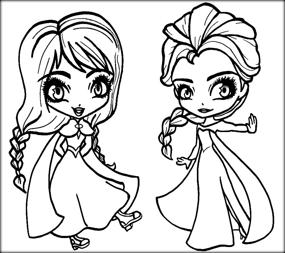 Desenho de Elsa e Anna Chibi para Colorir