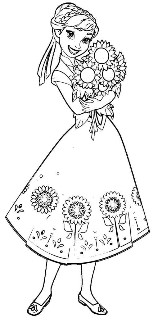 Desenho de Frozen Anna Segurando Lindas Flores para Colorir