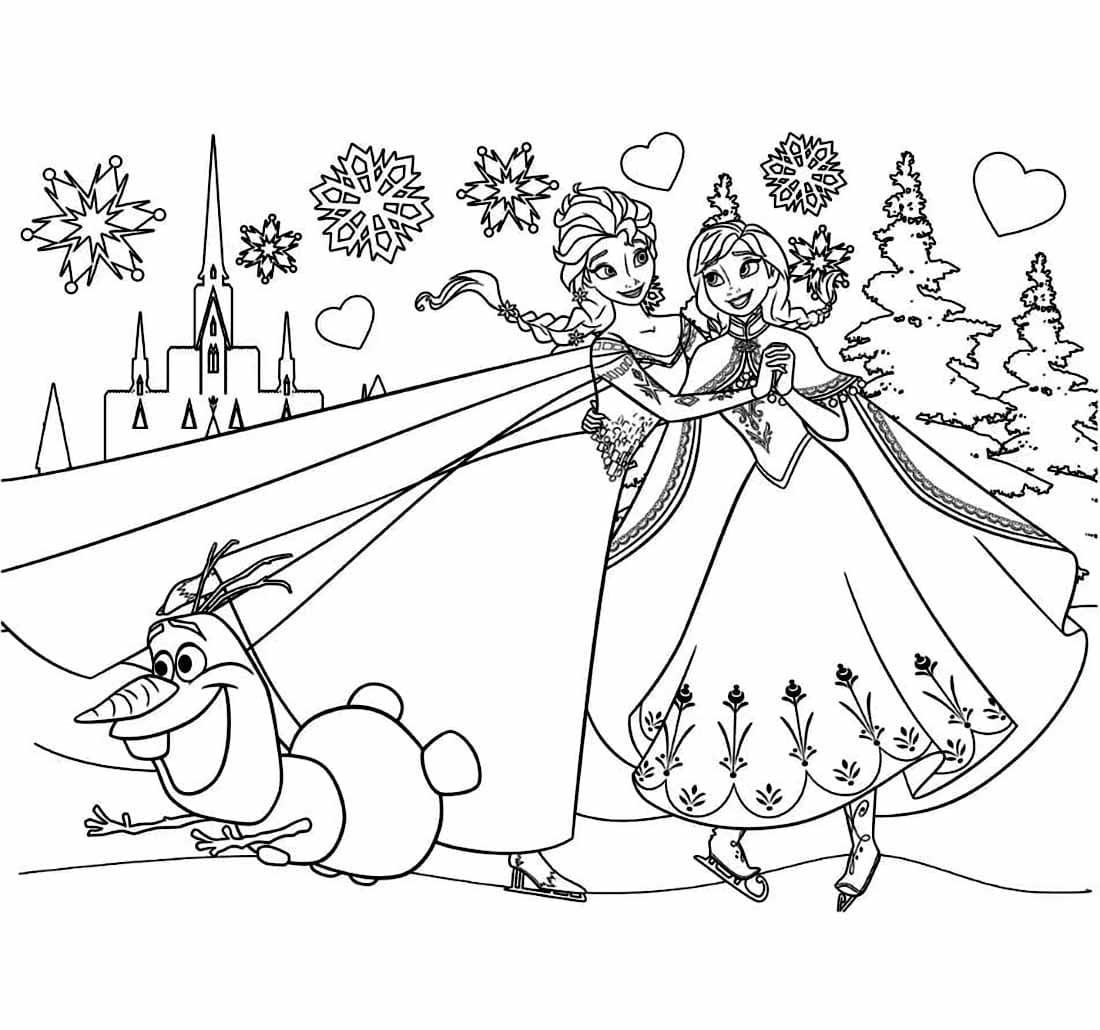 Desenho de Irmãs Estão Patinando em Frozen para Colorir