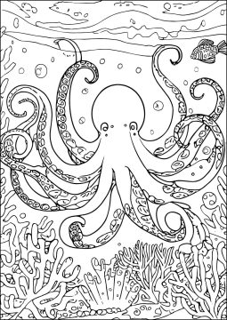 Desenho de Polvo Sob O Fundo do Mar para Colorir