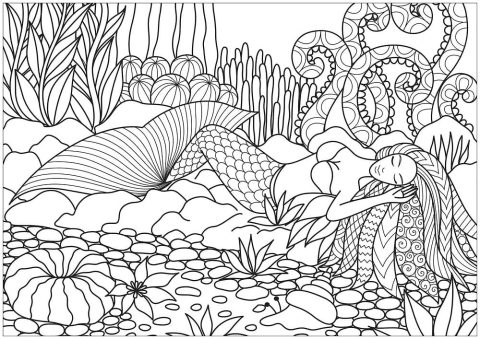 Desenho de Sereia Sob O Fundo do Mar para Colorir