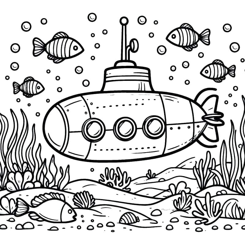 Desenho de Submarino sob o Fundo do Mar para Colorir