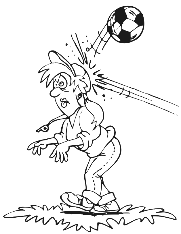 Desenho de Juíza de Futebol Levando Bolada sem Querer na Escola para Colorir