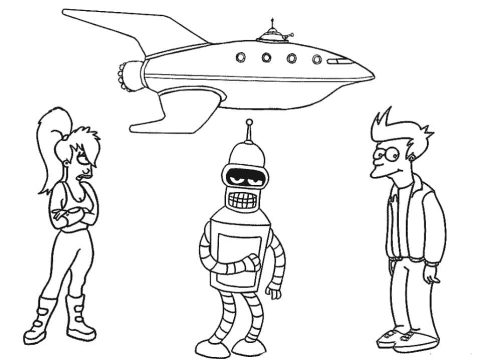 Desenho Imprimível de Futurama com Nave Espacial para Colorir