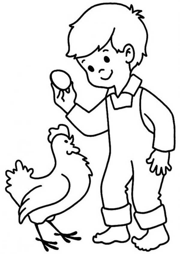 Desenho de Menino e Galinha para Colorir
