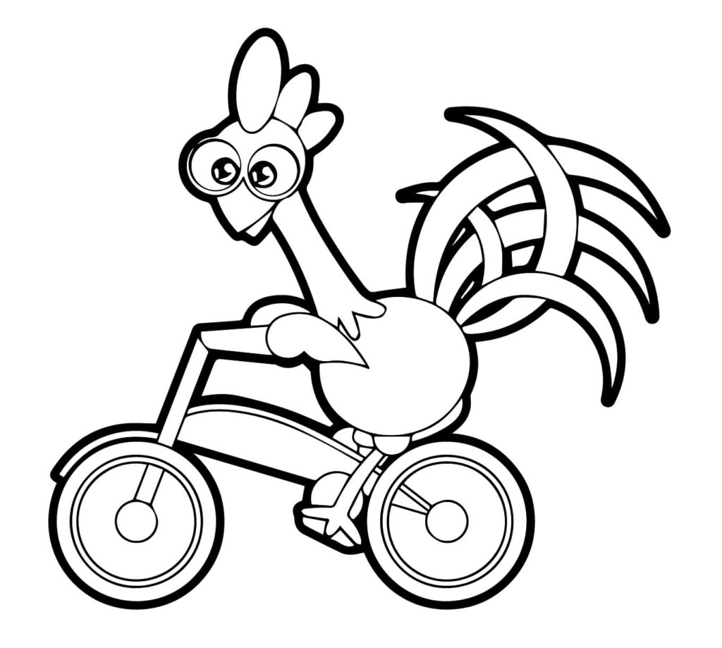 Desenho de Galo Carijo em uma Bicicleta para Colorir