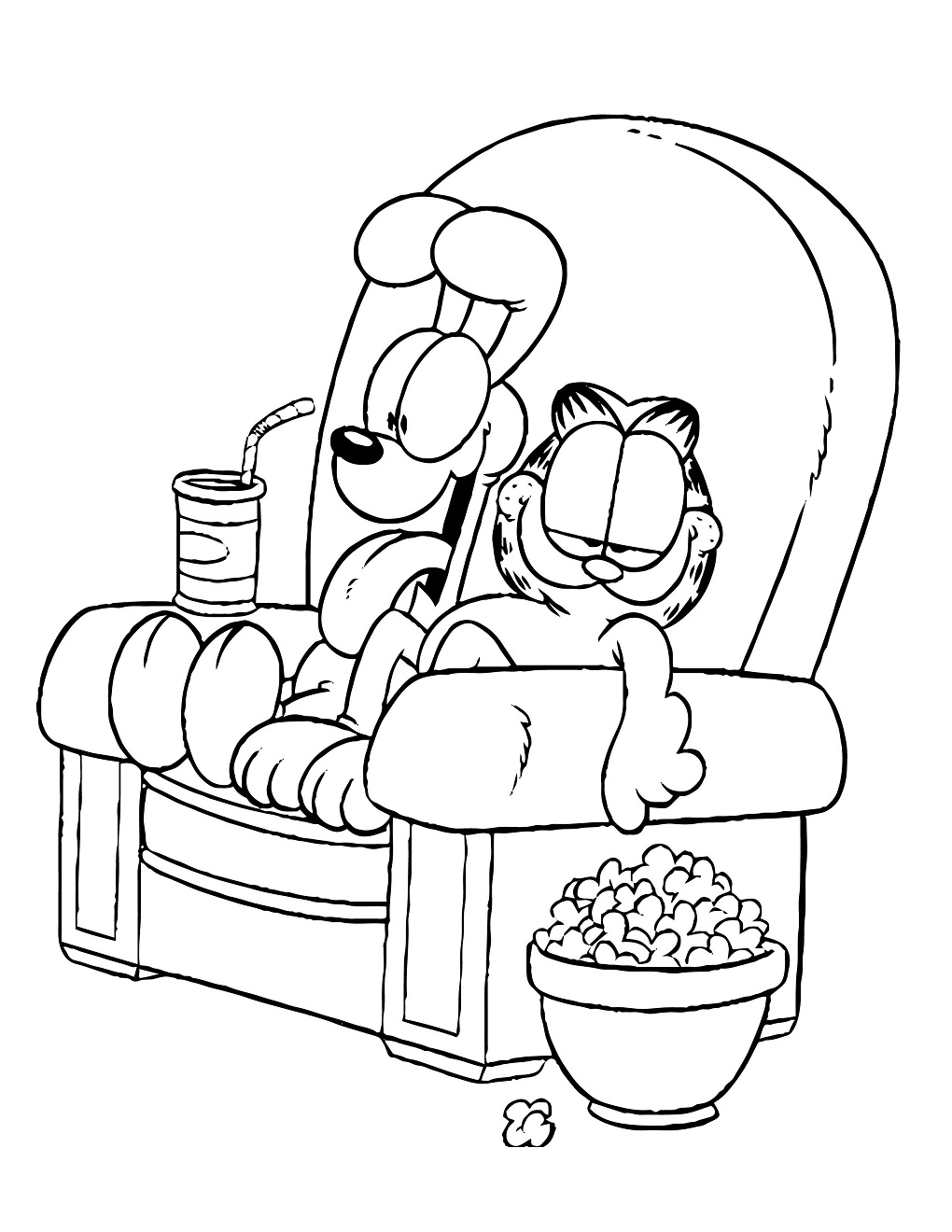 Desenho de Garfield Comendo Pipocá e Assistindo Filme com Seu Amigo para Colorir