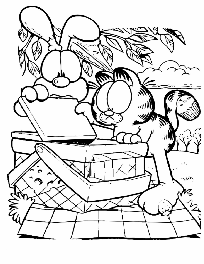 Desenho do Garfield Abrindo Cesta de Comida para Colorir