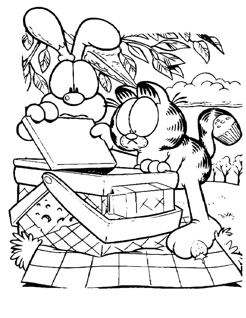 Desenho do Garfield Abrindo Cesta de Comida para Colorir
