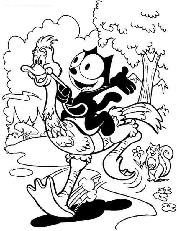Desenho Gato Félix e Avestruz para Colorir