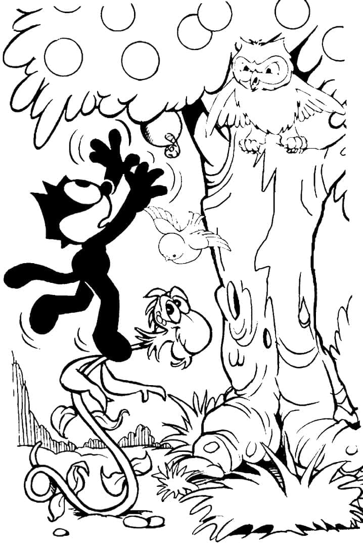 Desenho Gato Félix e Coruja para Colorir