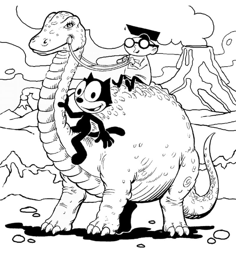 Desenho Gato Félix e Dinossauro para Colorir