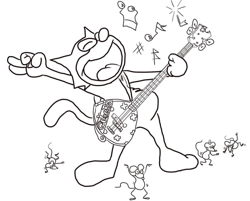 Desenho Gato Félix Tocando Violão para Colorir