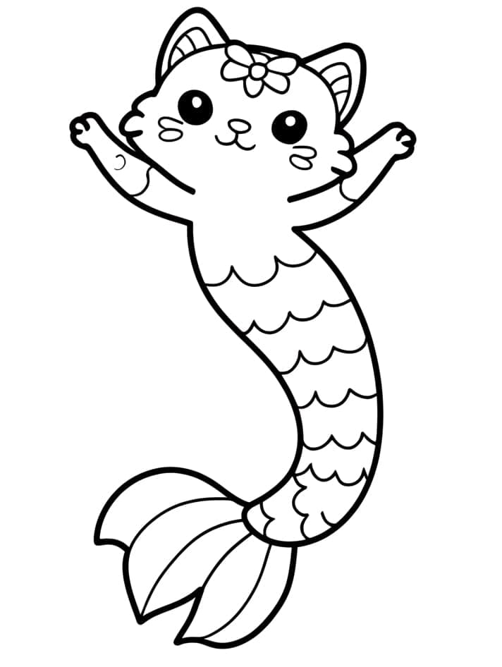 Desenho de Adorável Gato Sereia para Colorir