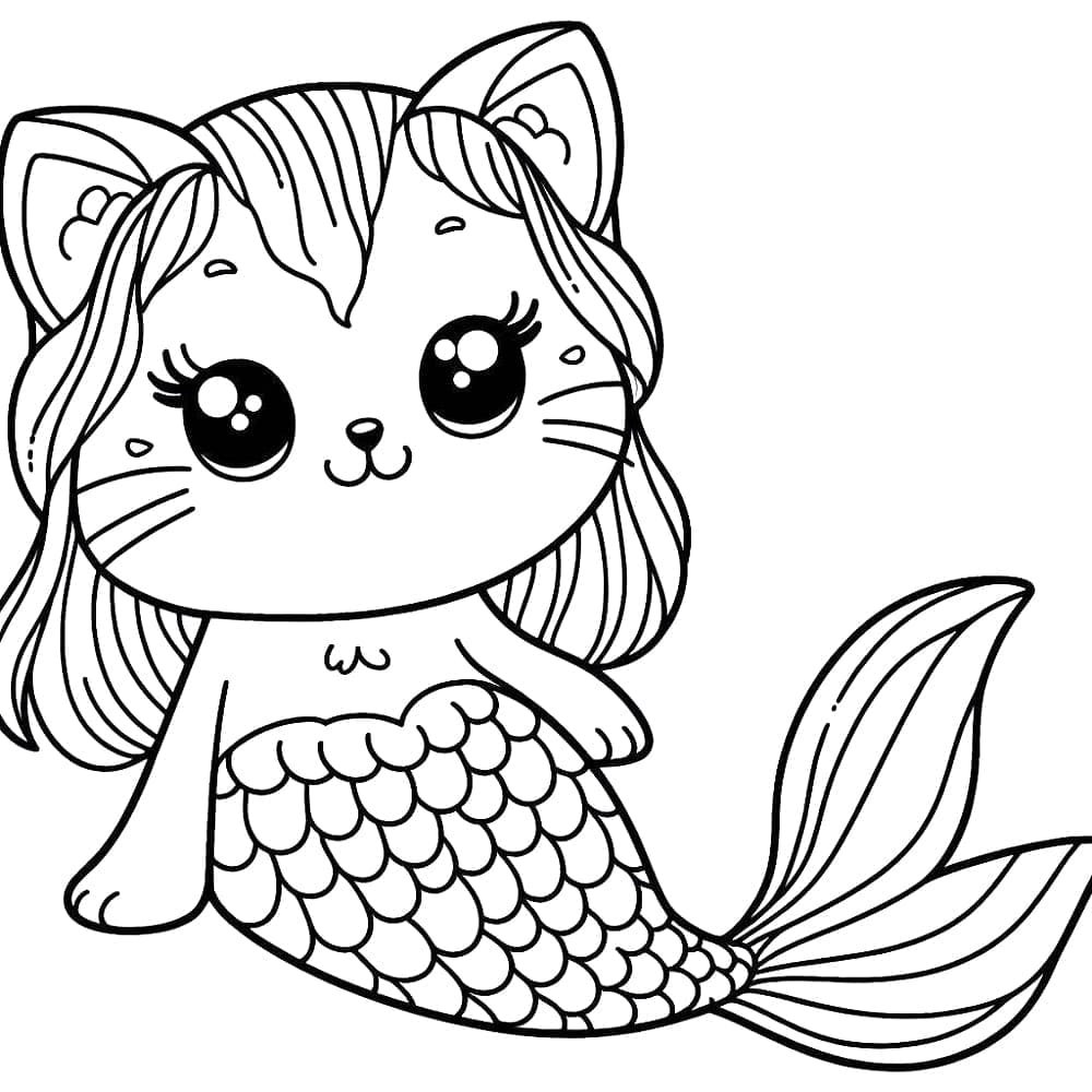 Desenho de Gata Sereia Fofa para Colorir