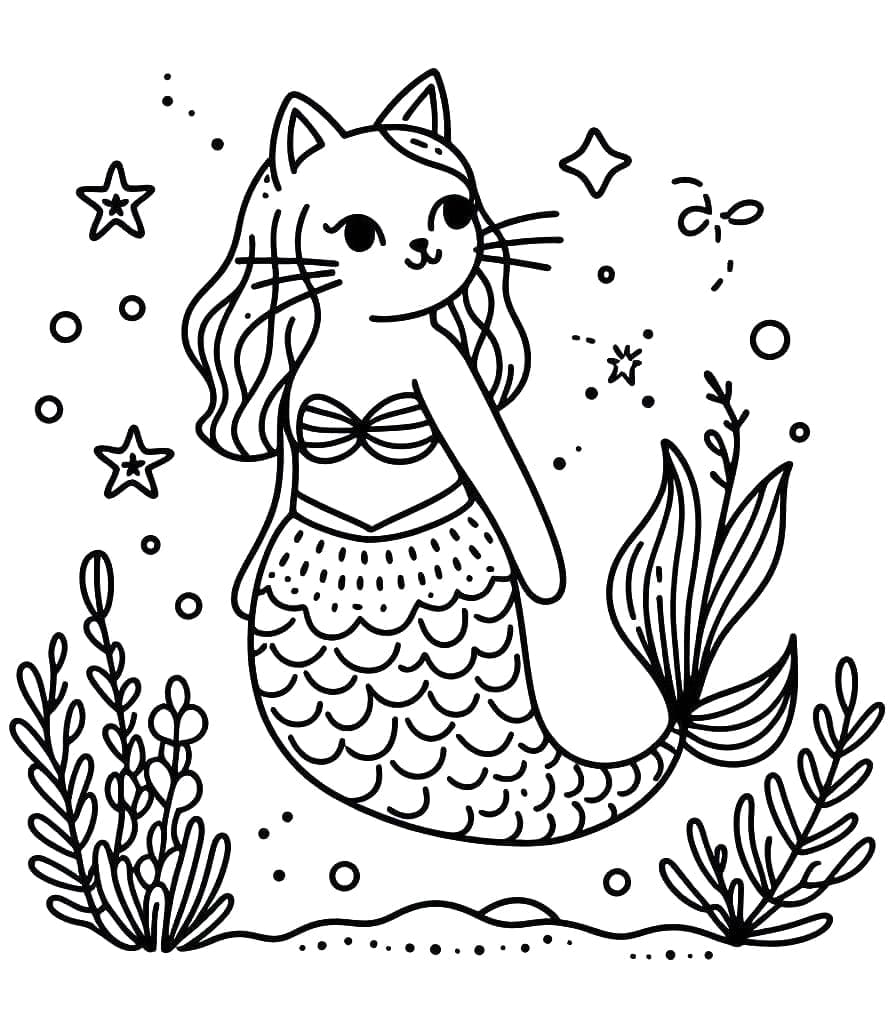 Desenho de Gata Sereia para Colorir