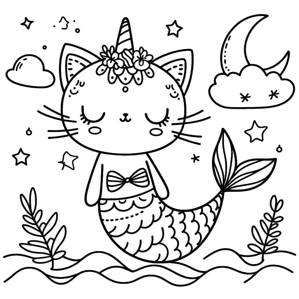 Desenho de Gatinha Sereia Fofa para Colorir