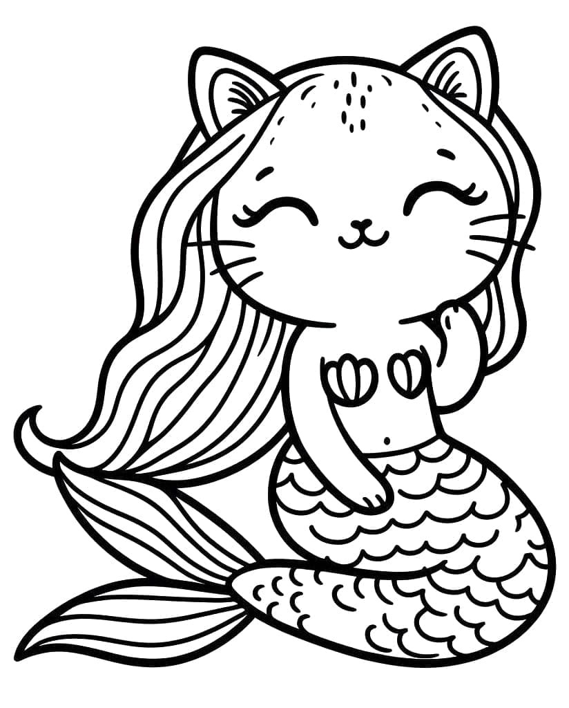 Desenho de Gatinha Sereia Muito Fofa para Colorir